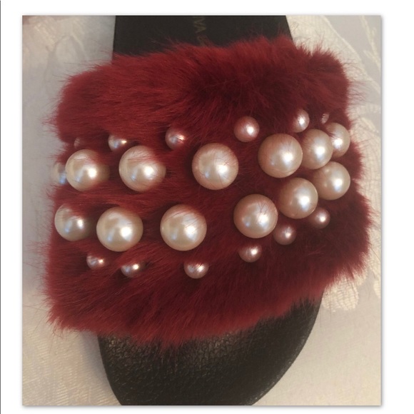 PEARL FURRY BURGUNDY EMBELLISHED SLIDE - Picture 2 of 6